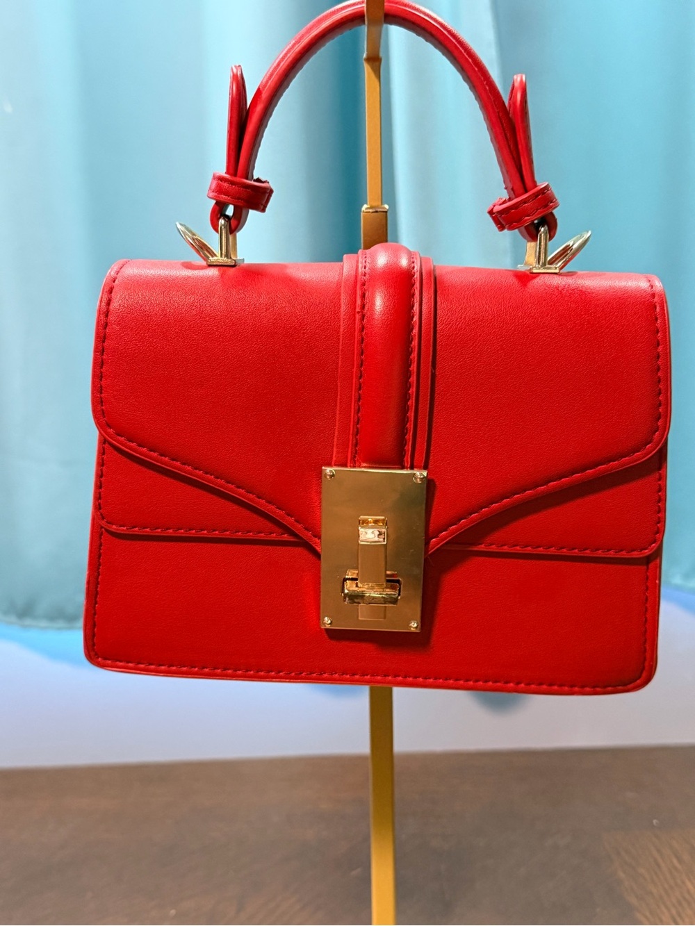 Structured Red Mini Top-Handle Bag with Gold Lock